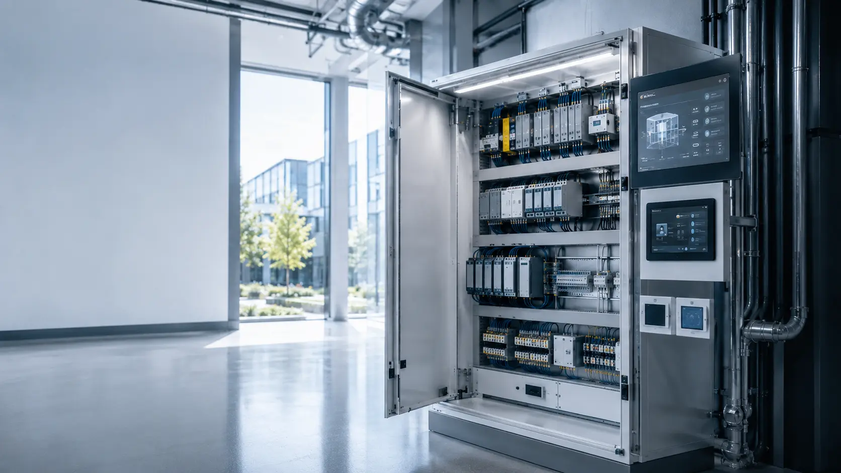 Moderner Schaltschrank mit Steuerungstechnik in einem Gewerbeobjekt